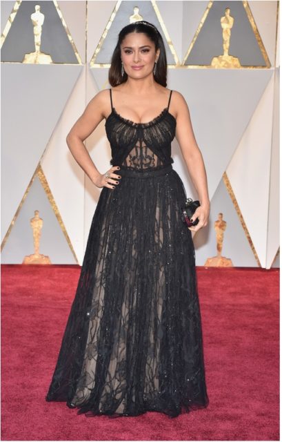 Salma Hayek in Alexander McQueen, when your husband is majority shareholder in a design house its only right to wear the brand as much as possible, however this was not a great selection for Ms. Hayek. 