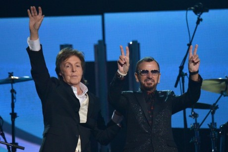 Paul McCartney and Ringo Starr on stage at the 56th Annual Grammys (Photo Credit: Larry Busacca/WireImage)